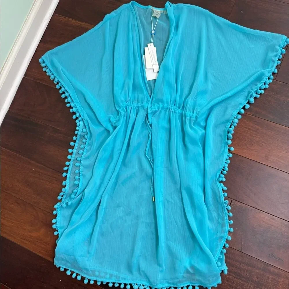 Bleu Pompons Sheer Rod Beattie Womens Mesh Swimsuit Cover-Up Kaftan Size Large
